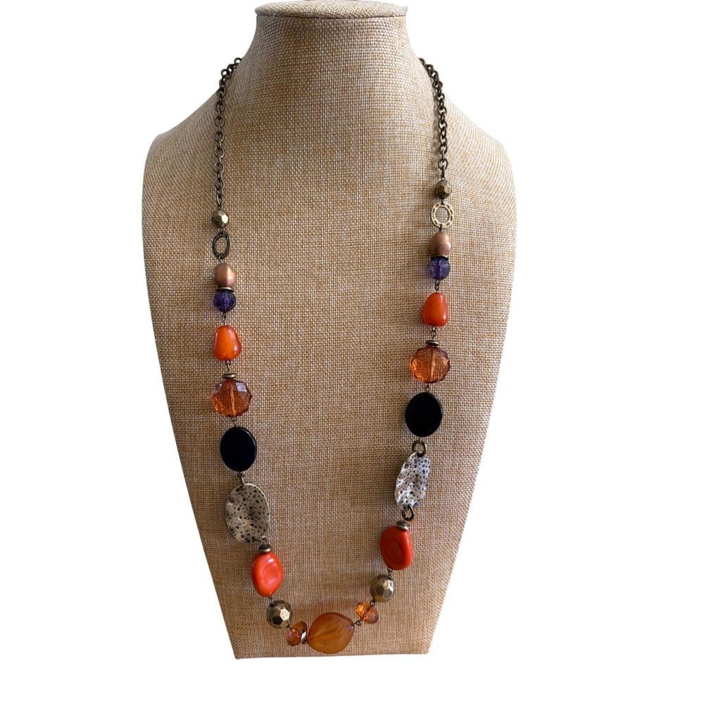 Ruby Rd Beaded Statement Necklace Orange Purple Brass Tone Hammered Metal Layeri